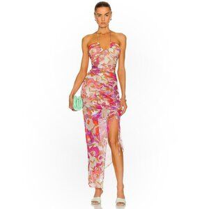 NWT Nicholas Maeve Halter Midi Dress Layered Ruching Abstract Floral 4